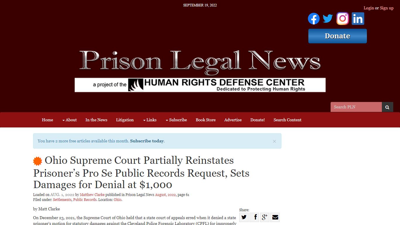 Ohio Supreme Court Partially Reinstates Prisoner’s Pro Se Public ...